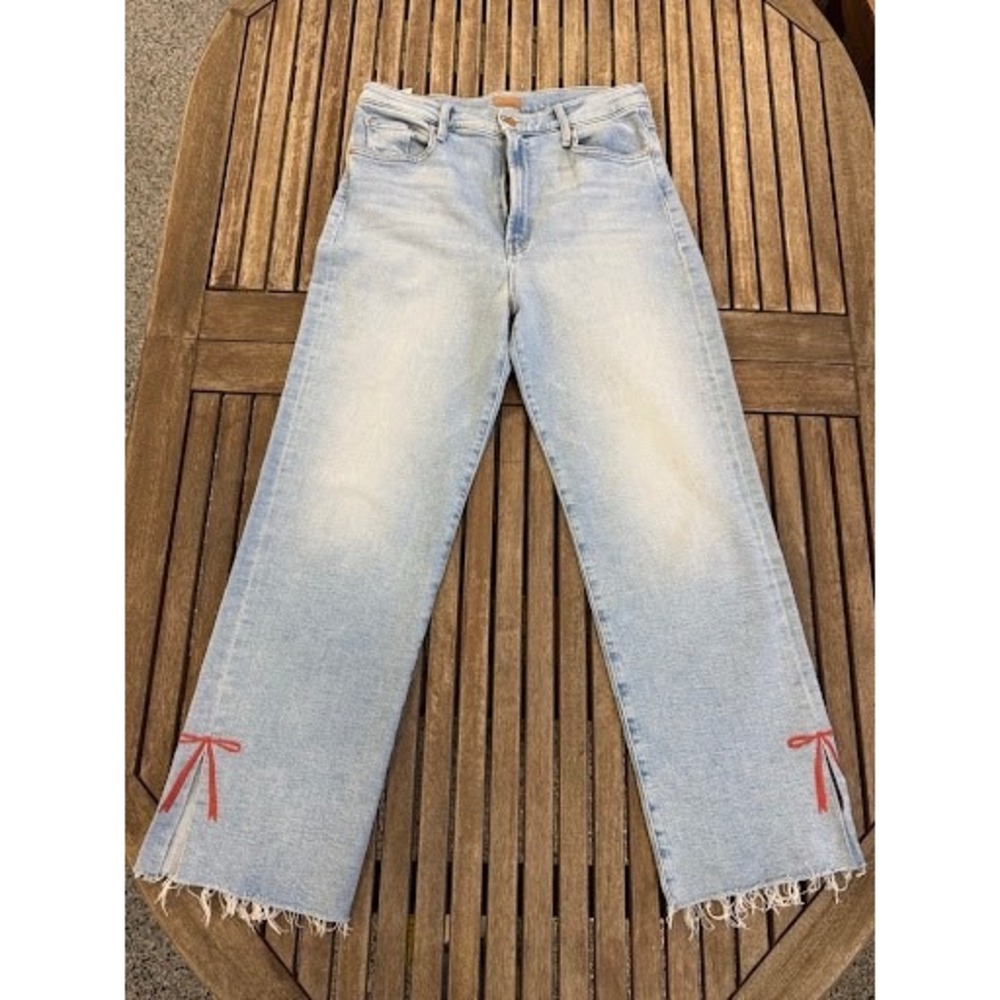 MOTHER Denim Jeans Size 33 Light Wash Split Hem Bow Embroidery - The Roller